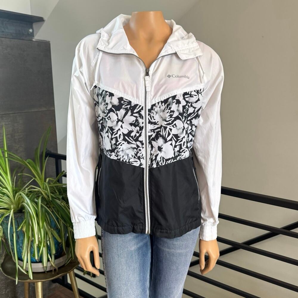 Columbia Flash Forward Windbreaker Jacket XS Black White Floral Colorblock-FLAW